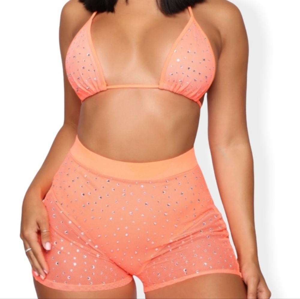 Icy Girl Rhinestone 2 Piece Swimsuit - Neon Orange